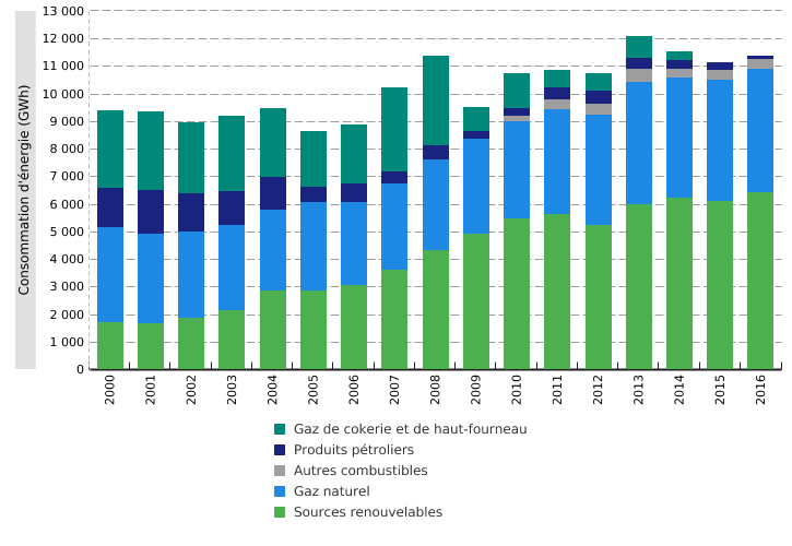 Consommation d'énergie primaire des unités de cogénération en Wallonie, par type de combustible